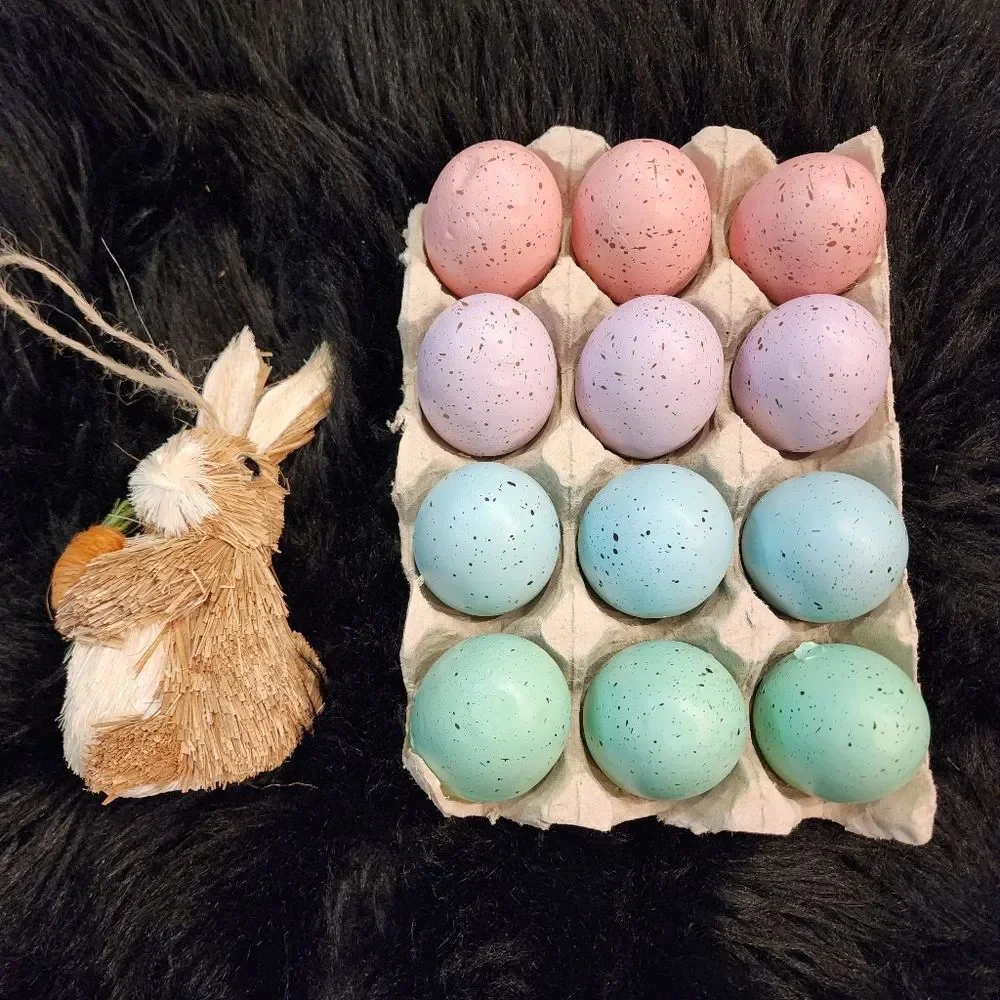 Speckled Dozen of Eggs With Carton Crate and Grass Bunny